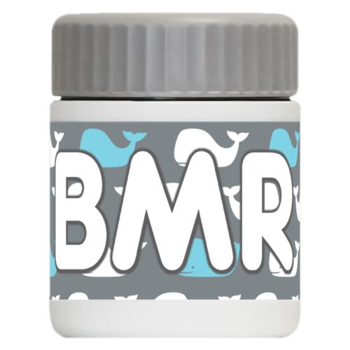 Personalized 12oz food jar personalized with whales pattern and the saying "BMR"