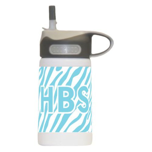 Children's school water bottle personalized with zebra skin pattern and the saying "HBS"