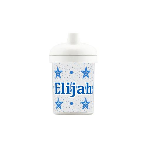 Personalized toddlercup personalized with blue starfish pattern and the saying "Elijah"