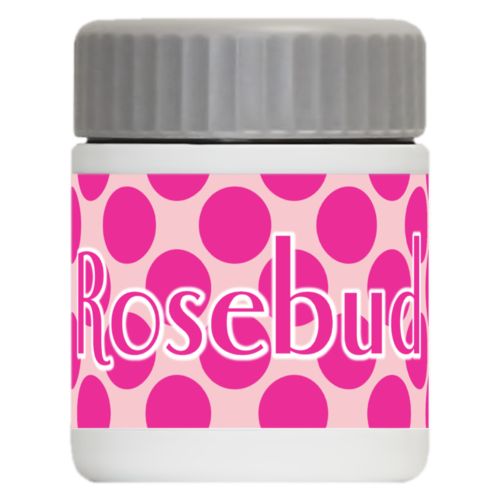 Personalized 12oz food jar personalized with dots pattern and the saying "Rosebud"