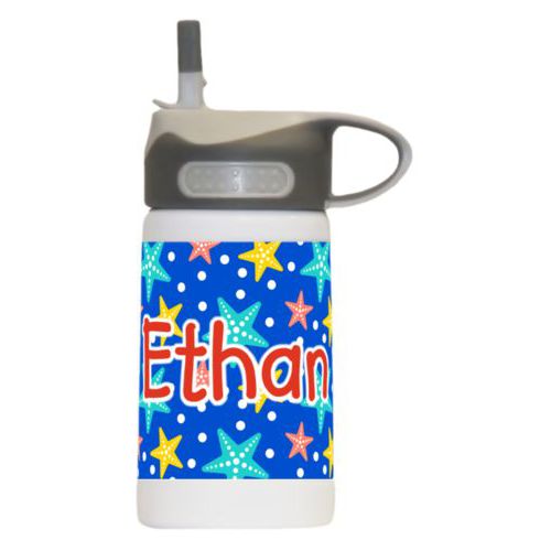 Kids insulated water bottle personalized with starfish pattern and the saying "Ethan"