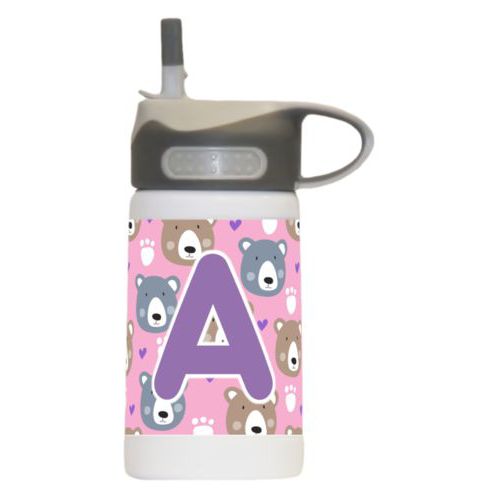 Kids stainless steel water bottle personalized with bears pattern and the saying "A"