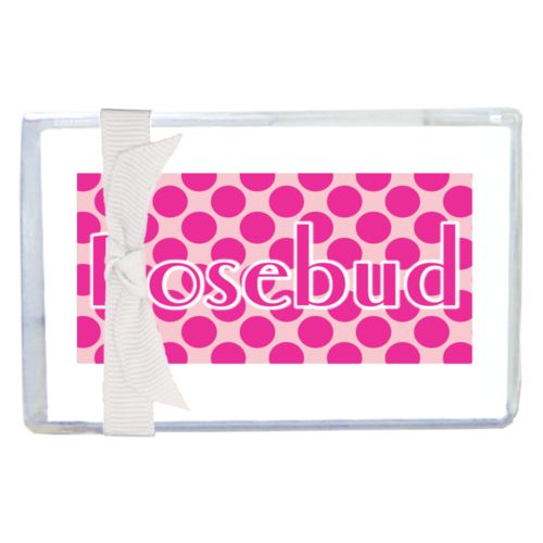 Personalized enclosure cards personalized with dots pattern and the saying "Rosebud"