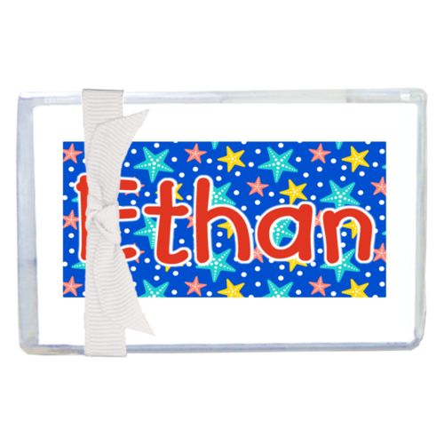 Personalized enclosure cards personalized with starfish pattern and the saying "Ethan"