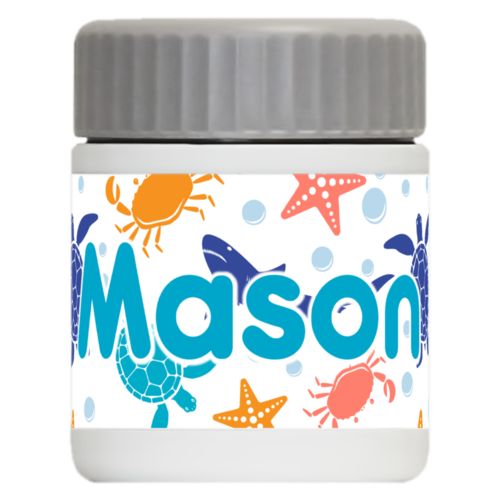 Personalized 12oz food jar personalized with turtle pattern and the saying "Mason"