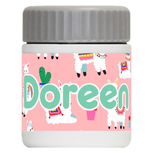 Personalized 12oz food jar personalized with animals llama pattern and the saying "Doreen"