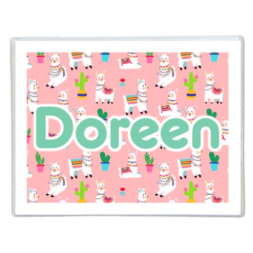 Personalized note cards personalized with animals llama pattern and the saying "Doreen"