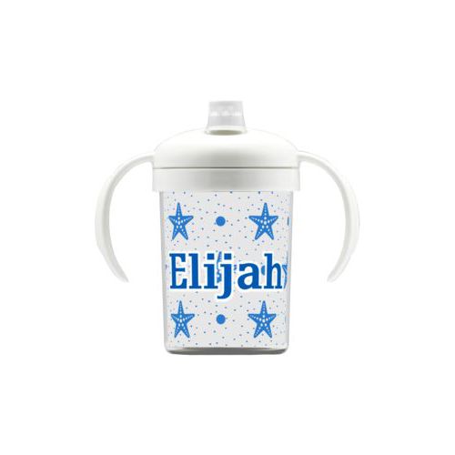 Personalized sippycup personalized with blue starfish pattern and the saying "Elijah"