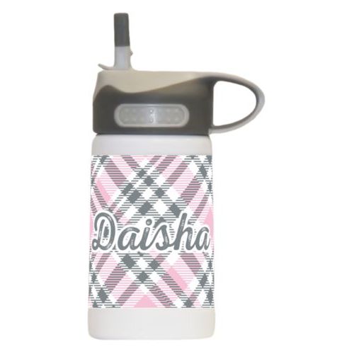 Kids stainless steel water bottle personalized with tartan pattern and the saying "Daisha"