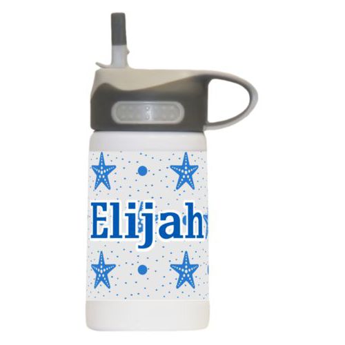 Water bottle for kindergarten personalized with blue starfish pattern and the saying "Elijah"