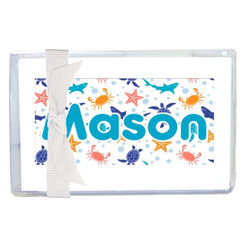 Personalized enclosure cards personalized with turtle pattern and the saying "Mason"