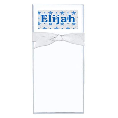 Personalized note sheets personalized with blue starfish pattern and the saying "Elijah"