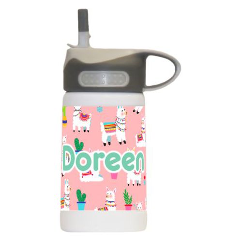 Bpa free kids water bottle personalized with animals llama pattern and the saying "Doreen"