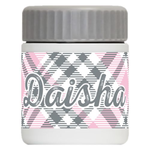Personalized 12oz food jar personalized with tartan pattern and the saying "Daisha"