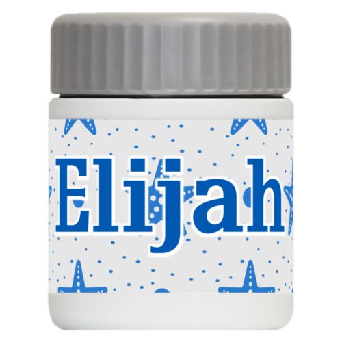 Personalized 12oz food jar personalized with blue starfish pattern and the saying "Elijah"