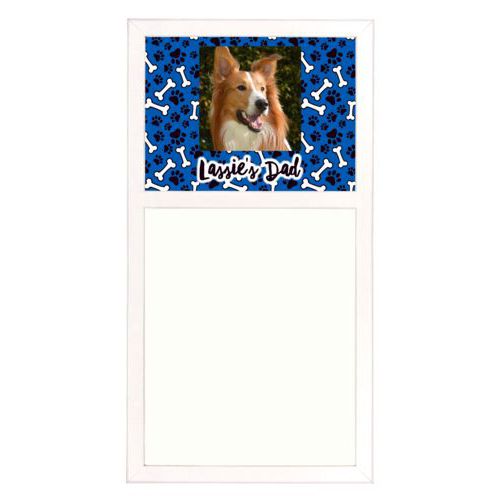 Personalized white board personalized with evidence pattern and photo and the saying "Lassie's Dad"