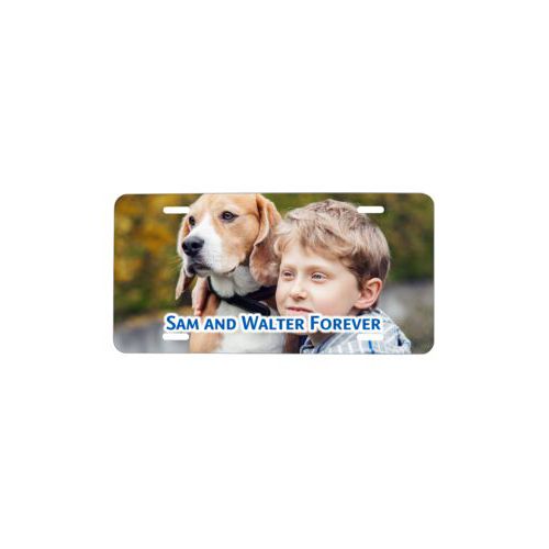 Custom license plate personalized with photo and the saying "Sam and Walter Forever"