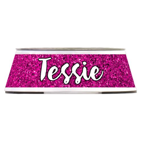 Personalized pet bowl personalized with pink glitter pattern and the saying "Tessie"