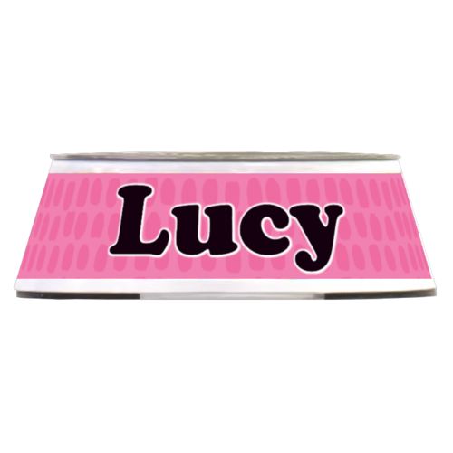 Personalized pet bowl personalized with prints pattern and the saying "Lucy"