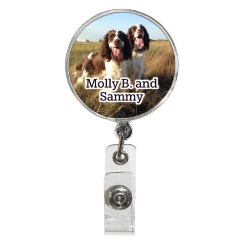 Personalized badge reel personalized with photo and the saying "Molly B. and Sammy"