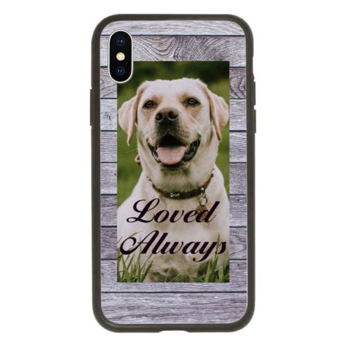 Personalized iphone x case personalized with grey wood pattern and photo and the saying "Loved Always"