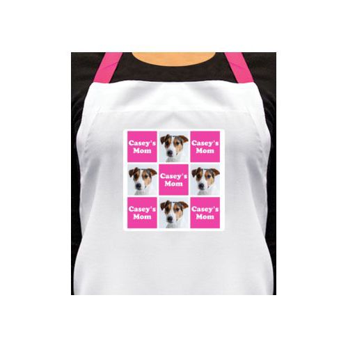 Personalized apron personalized with a photo and the saying "Casey's Mom" in juicy pink and white