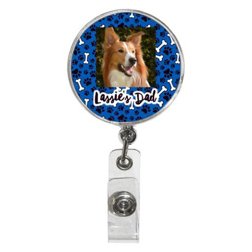 Personalized badge reel personalized with evidence pattern and photo and the saying "Lassie's Dad"