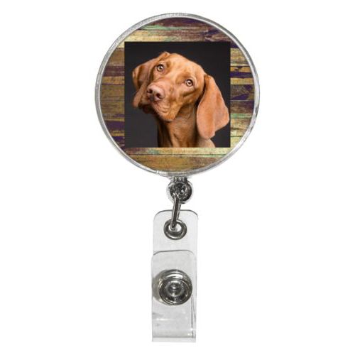 Personalized badge reel personalized with brown rustic pattern and photo