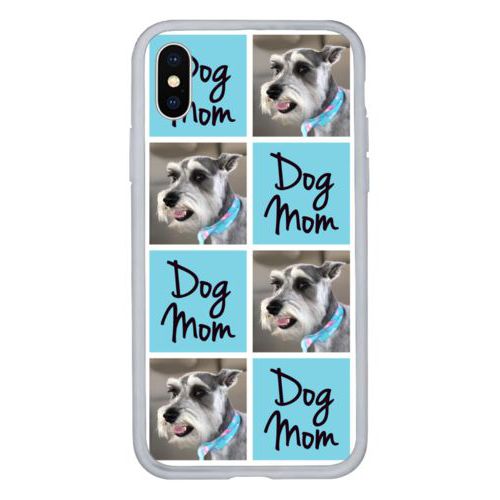 Personalized iphone x case personalized with a photo and the saying "dog mom" in black and sweet teal