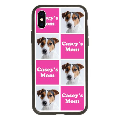 Personalized iphone x case personalized with a photo and the saying "Casey's Mom" in juicy pink and white
