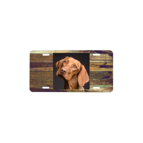 Custom license plate personalized with brown rustic pattern and photo