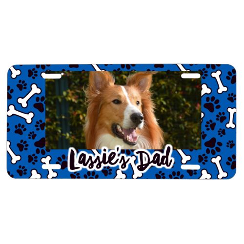 Custom car plate personalized with evidence pattern and photo and the saying "Lassie's Dad"