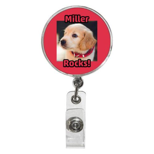 Personalized badge reel personalized with photo and the sayings "Miller" and "Rocks!"