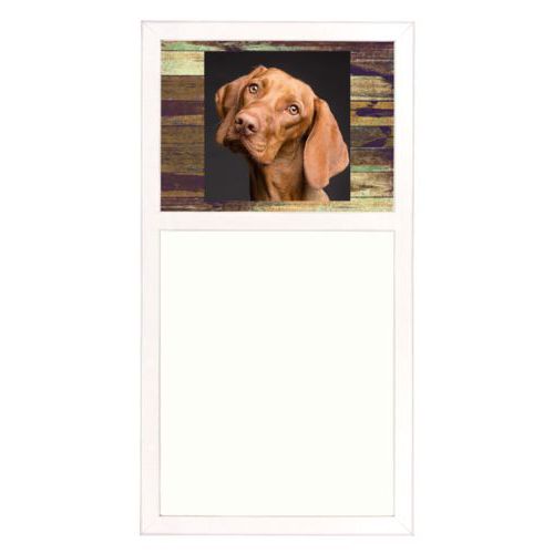 Personalized white board personalized with brown rustic pattern and photo