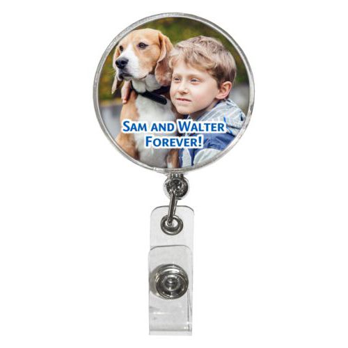 Personalized badge reel personalized with photo and the saying "Sam and Walter Forever!"