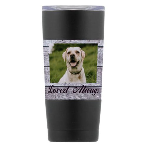Personalized insulated steel mug personalized with grey wood pattern and photo and the saying "Loved Always"