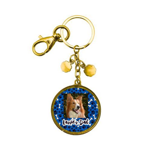 Personalized metal keychain personalized with evidence pattern and photo and the saying "Lassie's Dad"