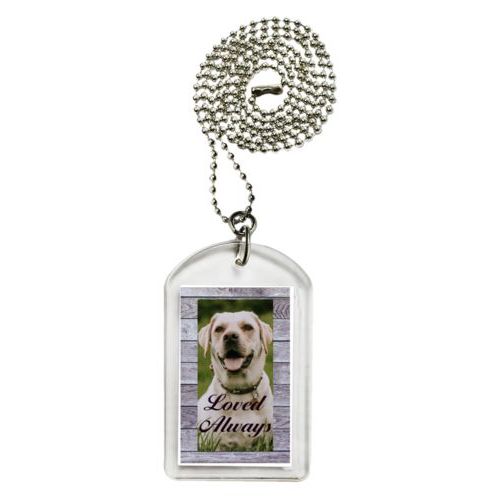 Personalized dog tag personalized with grey wood pattern and photo and the saying "Loved Always"
