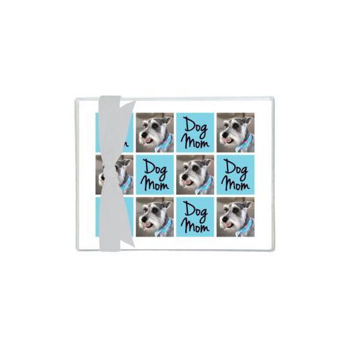 Personalized note cards personalized with a photo and the saying "dog mom" in black and sweet teal