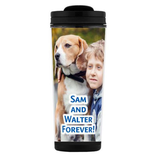 Custom tall coffee mug personalized with photo and the saying "Sam and Walter Forever!"