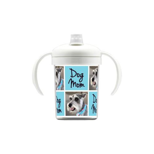 Personalized sippycup personalized with a photo and the saying "dog mom" in black and sweet teal