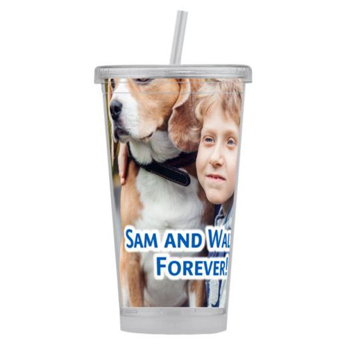 Personalized tumbler personalized with photo and the saying "Sam and Walter Forever!"