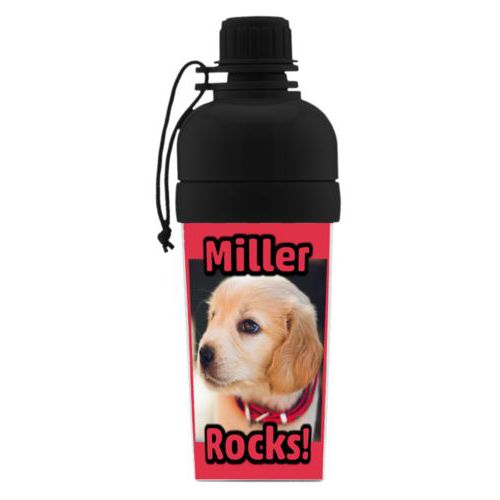 Kids water bottle personalized with photo and the sayings "Miller" and "Rocks!"