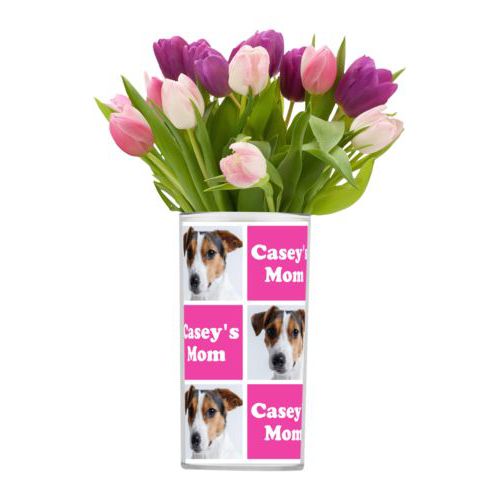 Personalized vase personalized with a photo and the saying "Casey's Mom" in juicy pink and white
