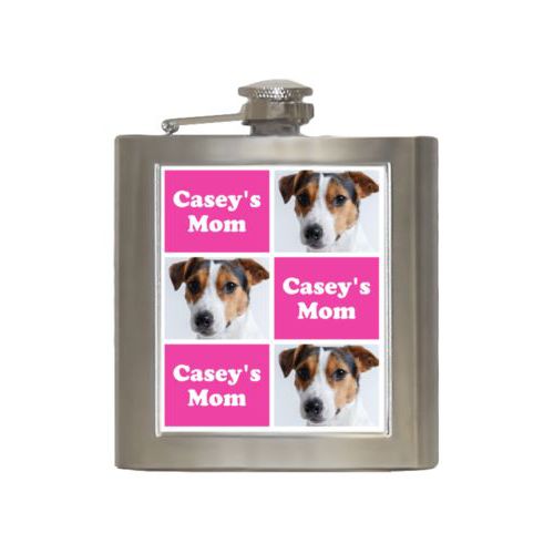 Personalized 6oz flask personalized with a photo and the saying "Casey's Mom" in juicy pink and white