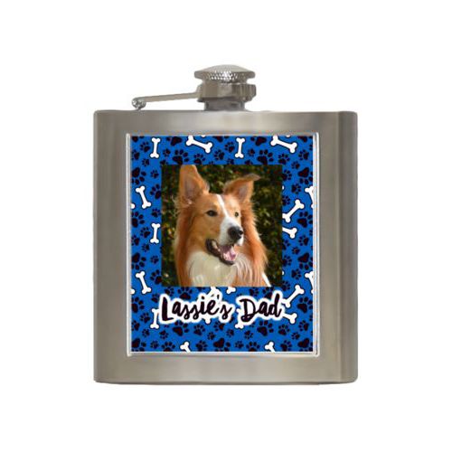 Personalized 6oz flask personalized with evidence pattern and photo and the saying "Lassie's Dad"