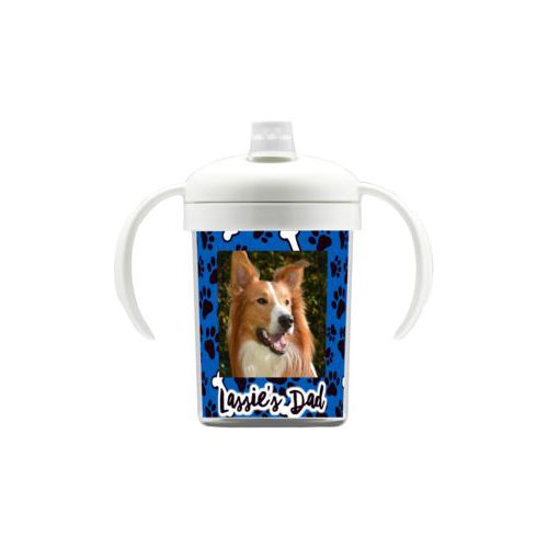 Personalized sippycup personalized with evidence pattern and photo and the saying "Lassie's Dad"