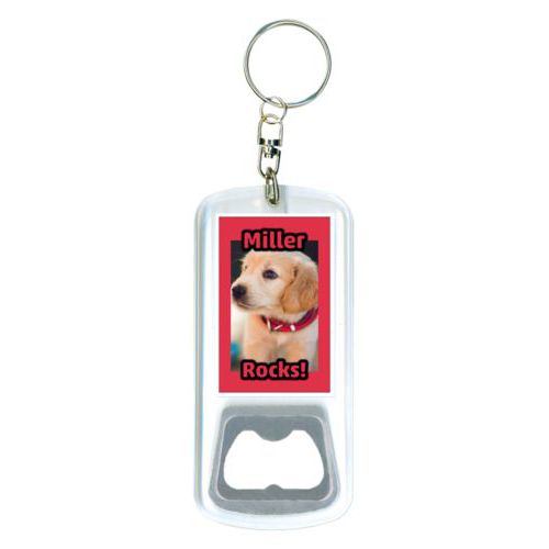 Personalized bottle opener personalized with photo and the sayings "Miller" and "Rocks!"