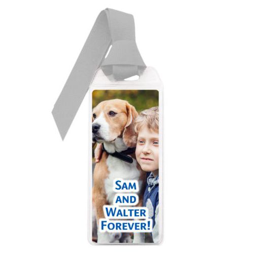 Personalized book mark personalized with photo and the saying "Sam and Walter Forever!"