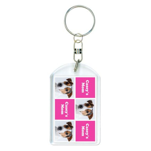 Personalized keychain personalized with a photo and the saying "Casey's Mom" in juicy pink and white